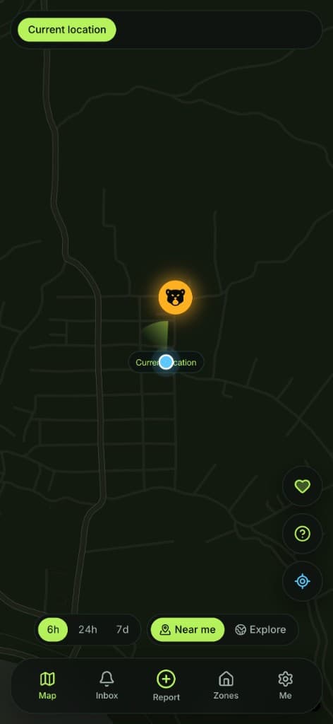Wildping map in Near me mode with a bear sighting close to the current location radar.