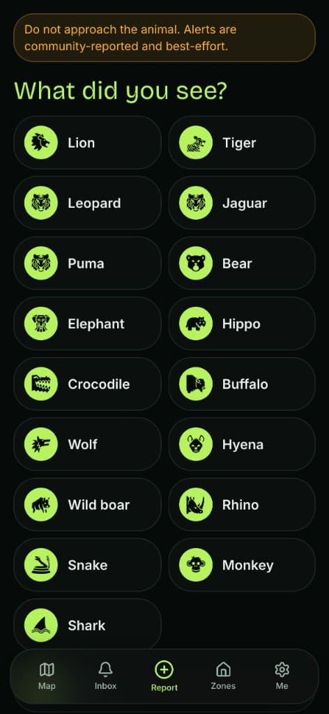 Wildping report screen: choose what animal you saw from a list of large wildlife.