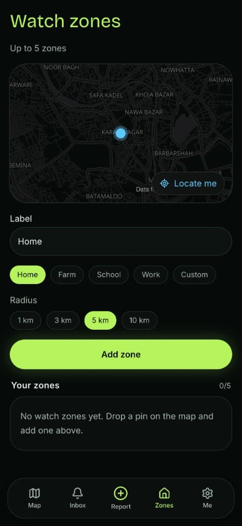 Wildping watch zones screen: drop a pin, pick a label like Home, set a radius, and add the zone.